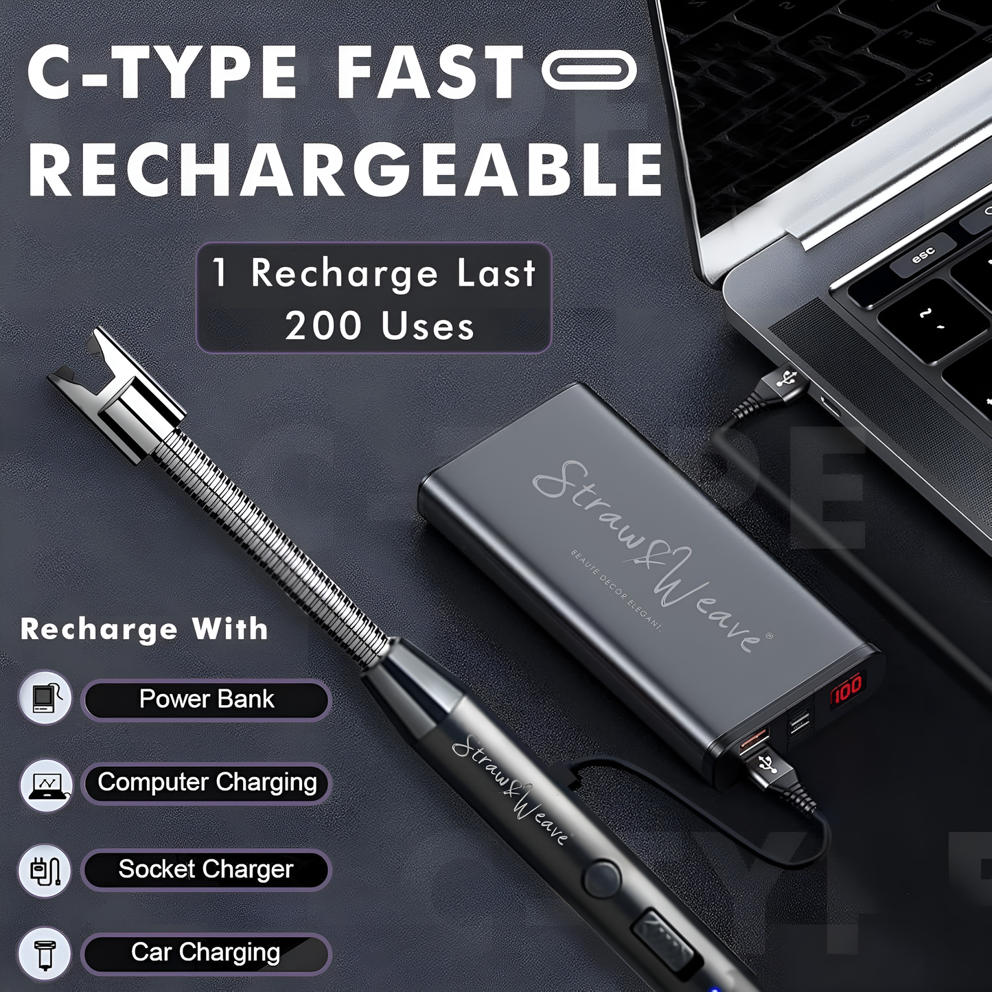 StrawWeave C-Type fast rechargeable tool with power bank and laptop on a dark background