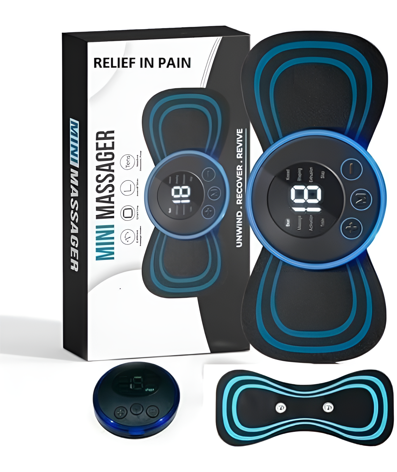 Mini massager with digital display and packaging labeled 'Relief in Pain' 