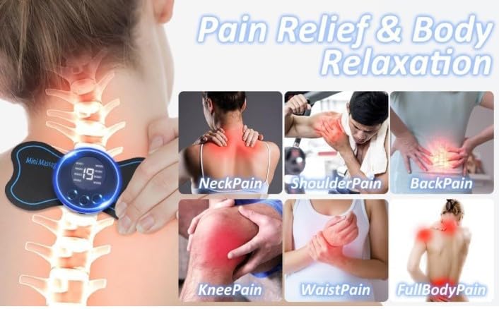 Pain relief device with images of pain points on a person's body and text about pain relief and body relaxation.
