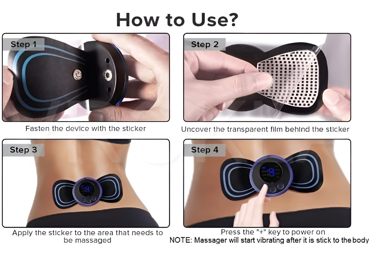Instructions on how to use a massage device with steps shown.