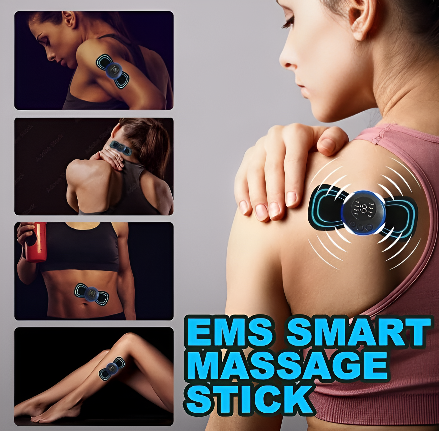  EMS smart massage stick on various parts of her body with text 'EMS Smart Massage Stick'.