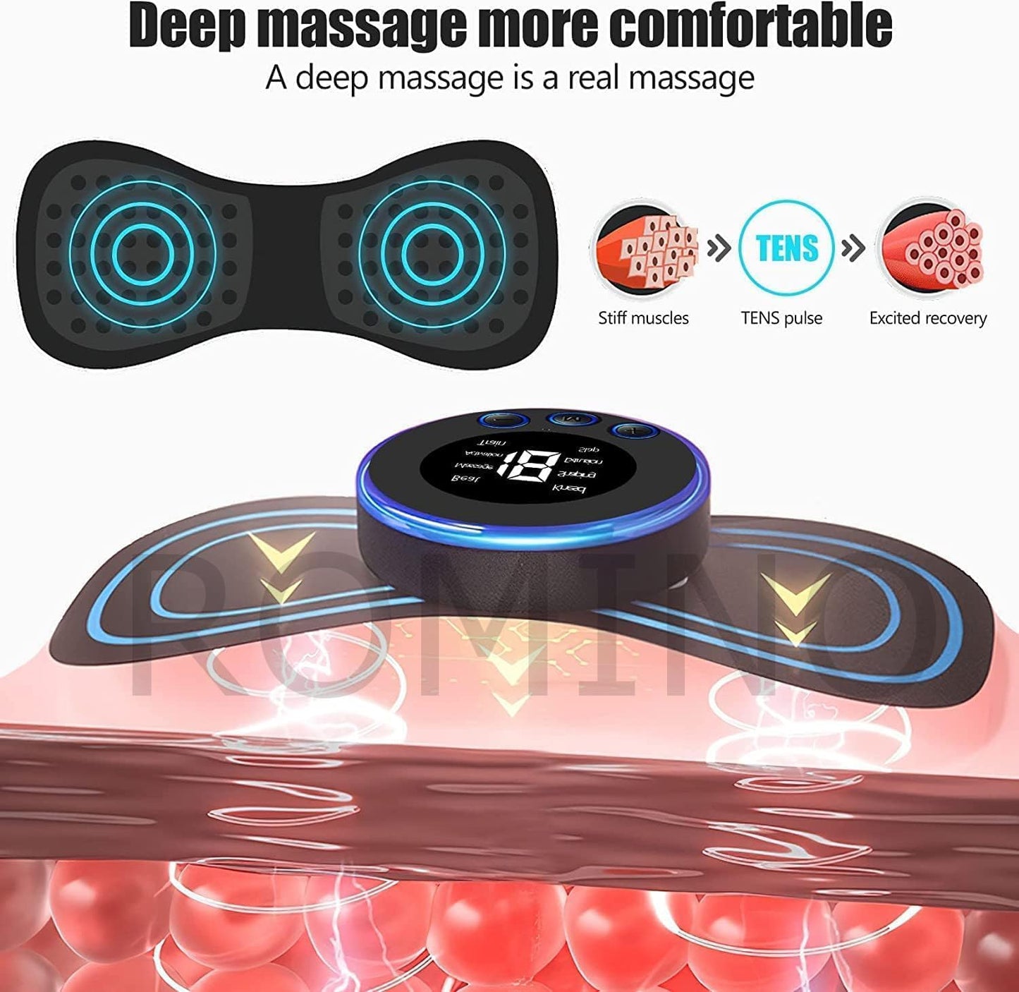 Massage device with digital display and text about deep massage comfort