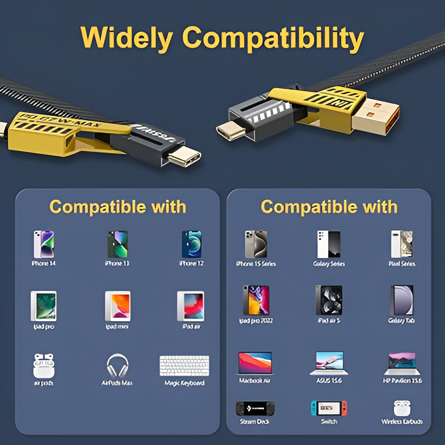 🌍 Universal Compatibility
Charge your iPhone, iPad, MacBook, Android devices, laptops, and more—all with one sleek, powerful, and versatile cable designed for maximum convenience.