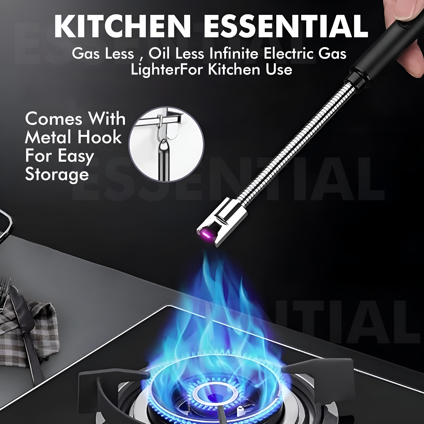 Electric gas lighter with metal hook for easy storage, shown on a stove with flames.