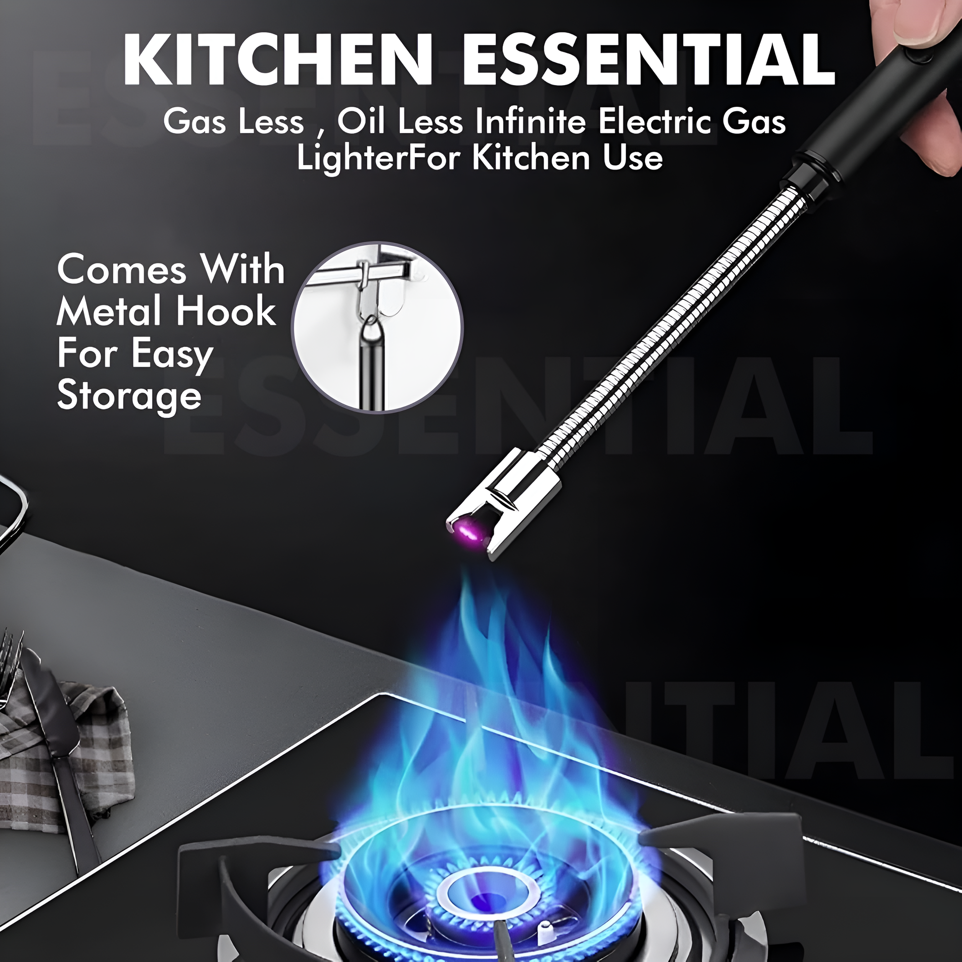 Electric gas lighter with metal hook for easy storage, shown on a stove with flames.