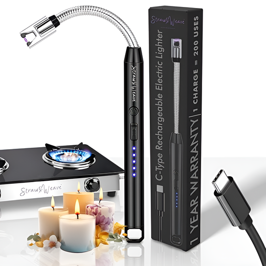 Rechargeable electric lighter with packaging and accessories on a white background